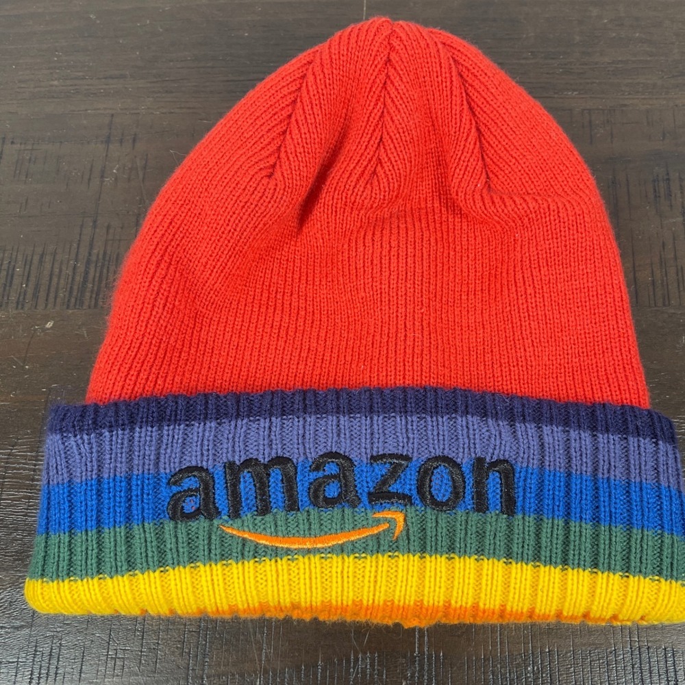 Amazon Logo Rainbow Striped Beanie Red Cuffed Knit Winter Hat Promo Swag Cap